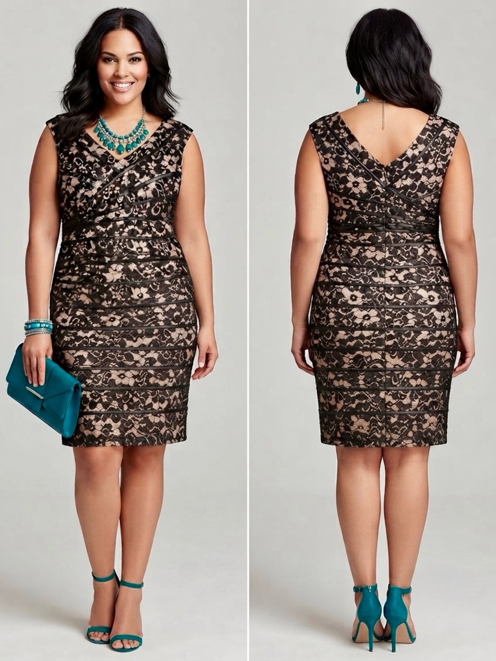 SL Fashions Black & Nude Lace Tiered Banded Sheath Dress - Size 14